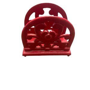 Vintage Red Cast Iron Napkin Holder 4.5" Tall Ornate Design